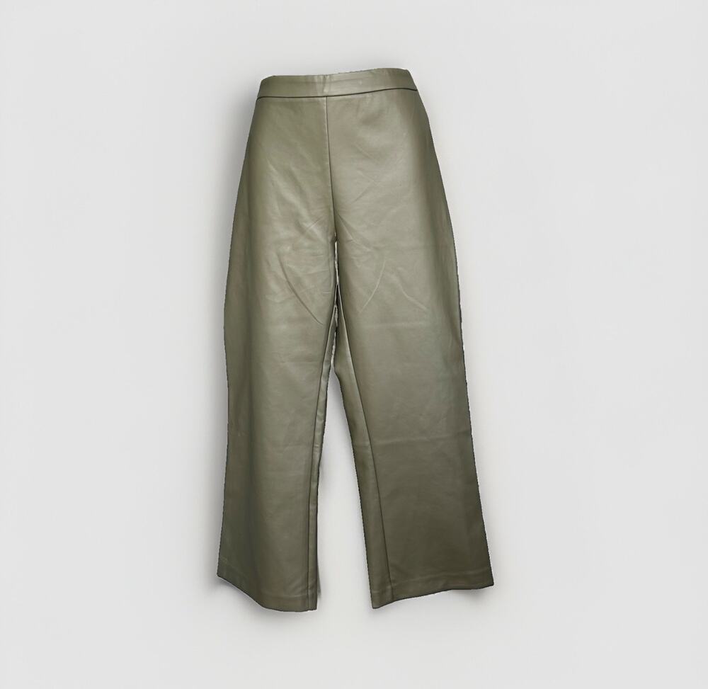 AEMI + Co Wide Leg Faux Leather Pants Womens Size Large Olive Green Vegan Autumn